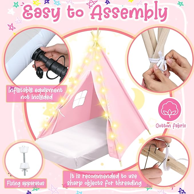 6 Pack Sleepovers Teepee Tent for Kids Bulk with Mattress Sheet Light,Natural Cotton Washable Indoor Play Tent for Birthday Slumber Party Girls Boys Pajama Movie Night Supplies(Light Pink)