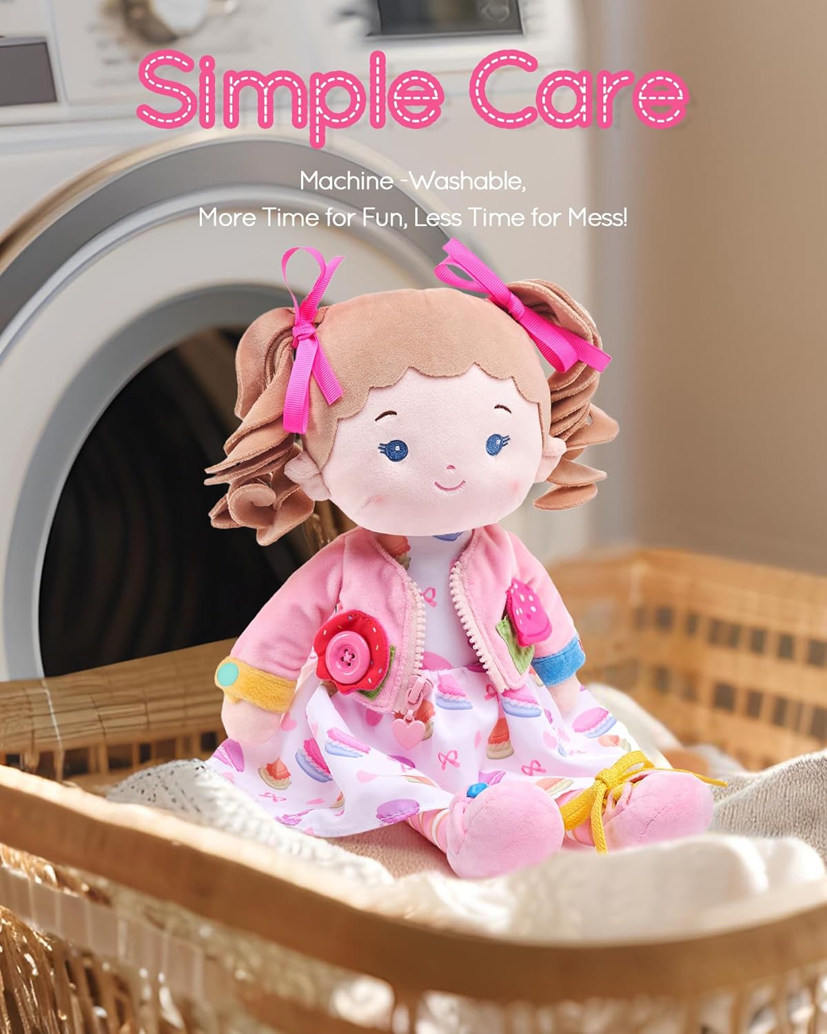 Soft Bady Educational Soft Baby Doll(16''), Learning Sensory Doll for Toddlers, Montessori Toys for 2-Year-Old Girls Christmas, Birthday Gifts, Plush Doll with Button-Busy Cupcake-Girl