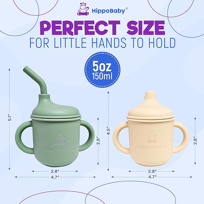 Silicone Transition Sippy Cup for 6+ month old | Includes 1 Toddler straw cup & 1 Baby Sippy Cup with Handles 5 oz | Perfect for Baby Led Weaning (Mint/Cream, 5 oz)