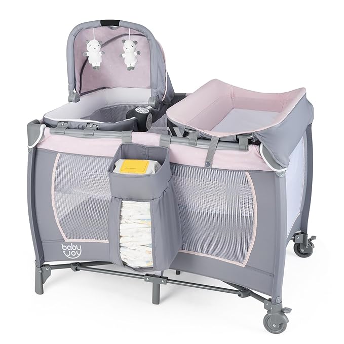 BABY JOY 5 in 1 Pack and Play, Portable Baby Playard w/Bassinet & Diaper Changing Table, Infant Pink Bassinet Crib with Toys & Music & Oxford Bag for Baby Girl Toddlers (Pink + Purple, Classic)