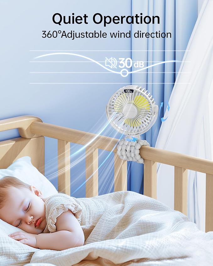 SWEETFULL Portable Stroller Fan with Display 4000mAh Battery Powered Mini Clip On Fan, 4-Speed Rechargeable Small Personal Cooling for Baby Car Seat Crib Travel - White