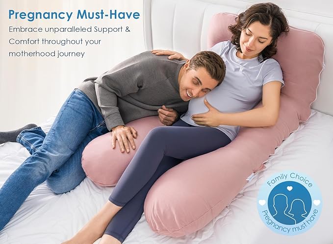 QUEEN ROSE Extra Long Pregnancy Pillows, 60 Inch U Shaped Body Pillow for Sleeping, Cooling Maternity Pillow for Pregnant Women, Body Support for Adults, with Soft Silky Cover, Pink