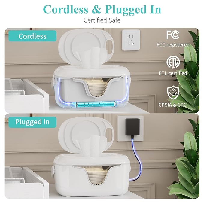 Portable Wipe Warmer and Wet Diaper Wipes Dispenser Cordless Battery Operated Travel Wetwipe Warmers Rechargeable with Nightlight Temperature Control