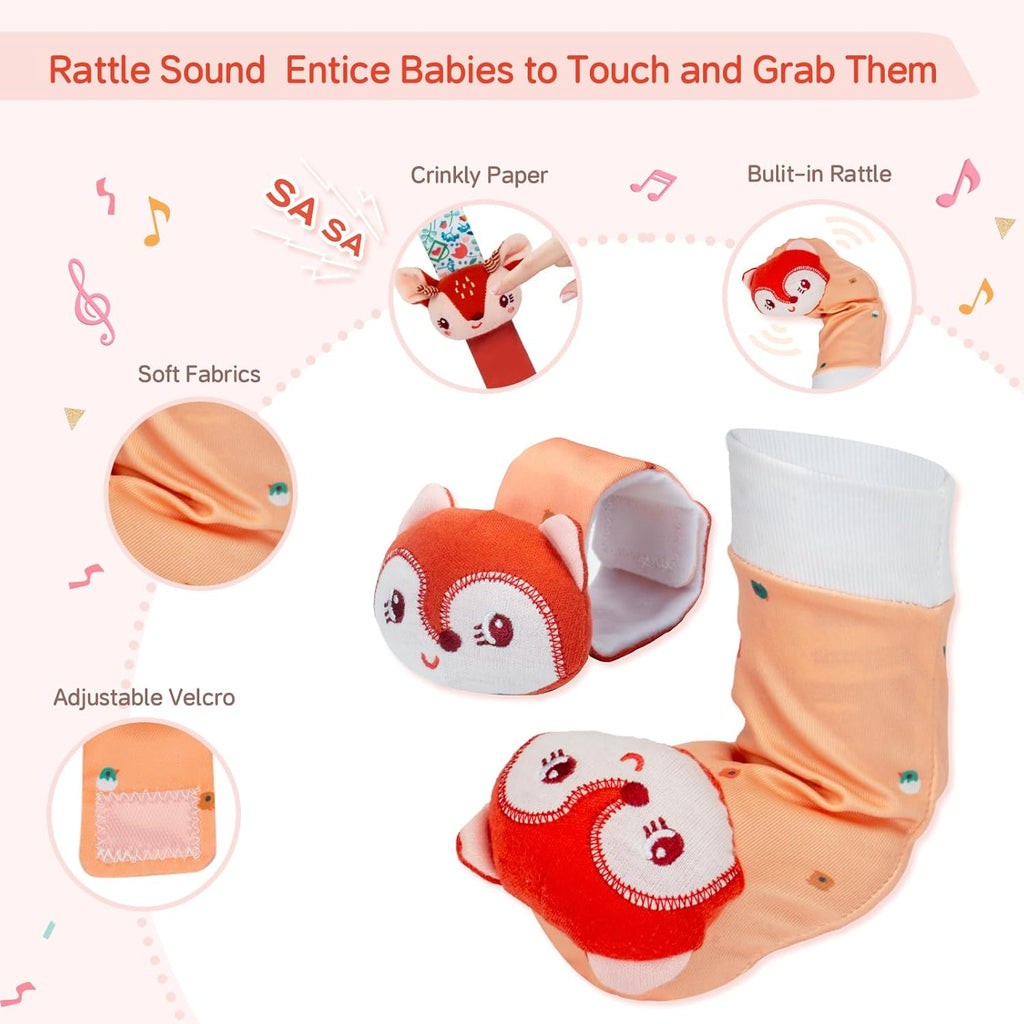 Lovely Animal Wrist Rattles & Sock Toy for Baby Infant 0-6 6-12 Month Old Newborn Soft Toy Hand and Foot Finder Girl Boy Birthday Shower Easter Gift Set for Babies