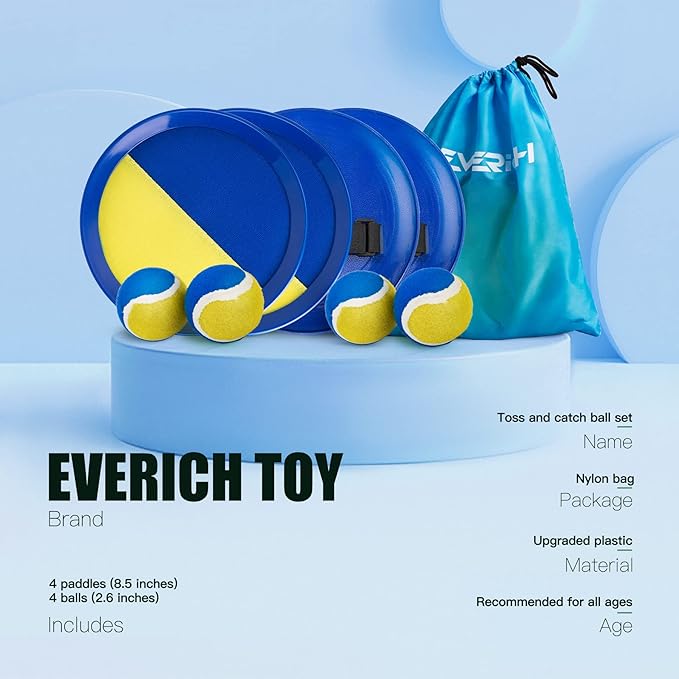 EVERICH Upgraded Toss and Catch Ball Game Set - Indoor and Outdoor Games for Kids 3-12, Beach Sand Pool Water Toy Includes 4 Paddles 4 Sticky Balls, Great Birthday Easter Gifts for Boys Girls