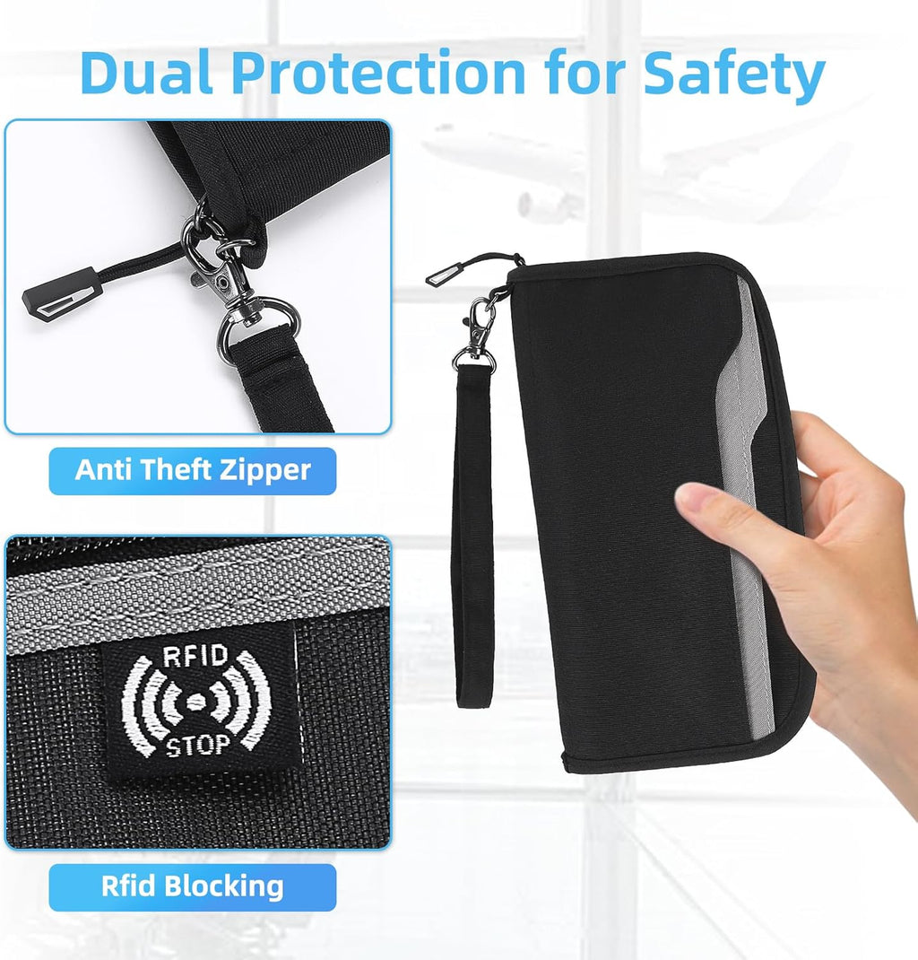 ZOPPEN Passport Holder Family RFID Passport Wallet, Passport Holder Women/Men, Travel Wallet Documents Organizer Zipper Case with Removable Wristlet Strap, Travel Essentials for Flying