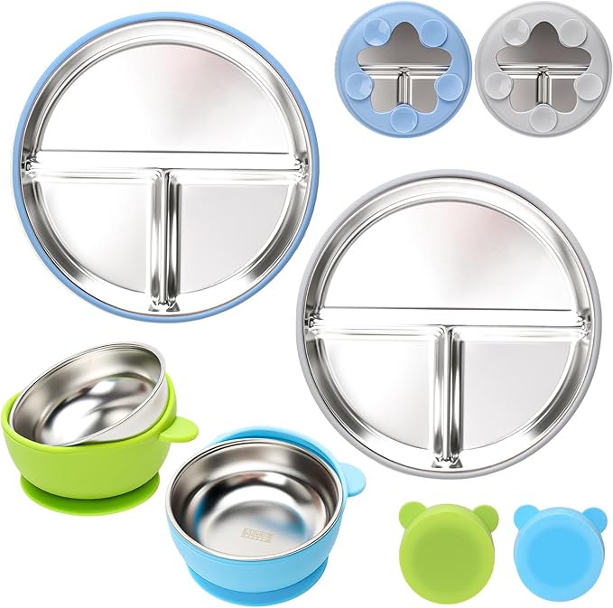Stainless Steel Baby Plate and Bowls with Suction, Divided Kids Baby Plate and Toddler Bowl with Removable Silicone Suction, Non-Slip Baby Feeding Set Dishwasher Safe，4 Packs