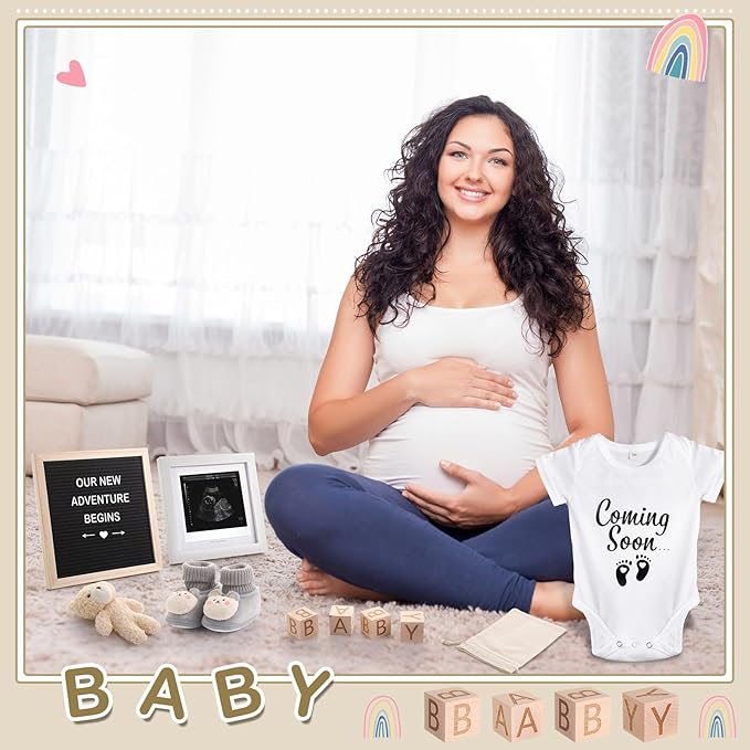 9 Pcs Pregnancy Announcement Set Pregnancy Reveal Ideas Felt Letter Board Baby Bodysuit Booties Photo Frame Bear Plush Wood Blocks for Coming Soon Baby Announcement(Black)