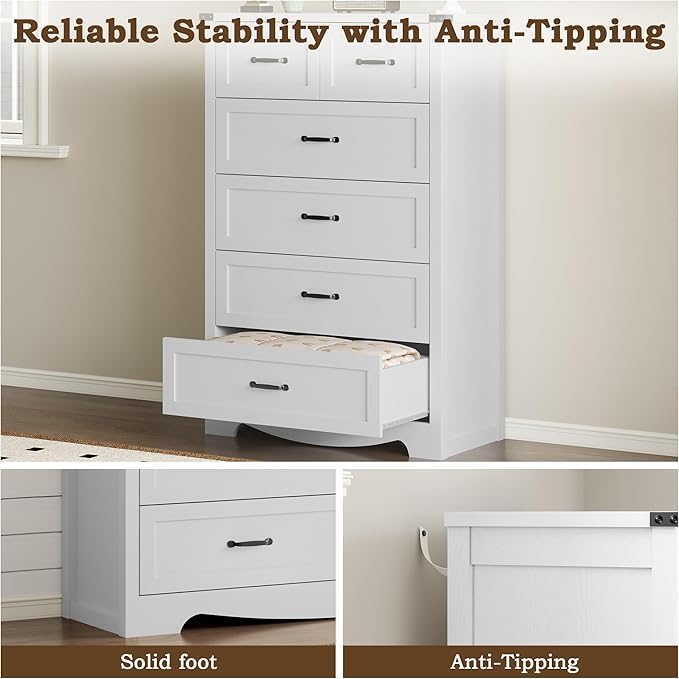 Tall 6-Drawer Dresser for Bedroom, Modern Wooden Chest of Drawers with Metal Handles, Anti-Tipping Design, Sturdy and Stable Storage Organizer for Living Room, Entryway, Home Office, Standard