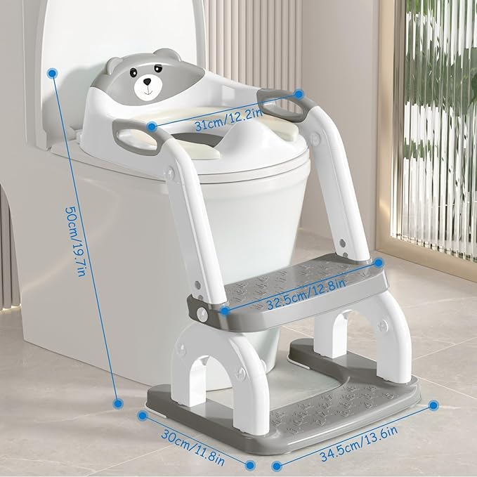 Potty Training Seat with Step Stool for Toddlers - Upgrade 2-in-1 Toilet Seat Toilet Ladder for Kids Children Boys Girls, Anti-Slip Pad & Adjustable Height with Waterproof - Grey