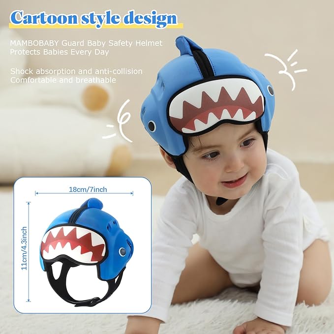 Baby Head Protector Baby Helmet for Crawling and Walking - No Bumps and Soft Safety Peak - Ultra Light and Adjustable Baby Head Protector Suitable for Babies 6-24 Months-Yellow Shark