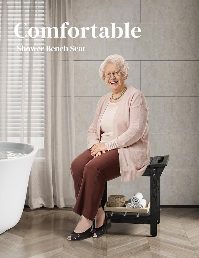 Waterproof Shower Bench, Poly Lumber Shower Stool for Shaving Legs, Shower Chair Seat with Storage Shelf and Handles, Bathroom Bench for Inside Shower, Non-Slip (Black)