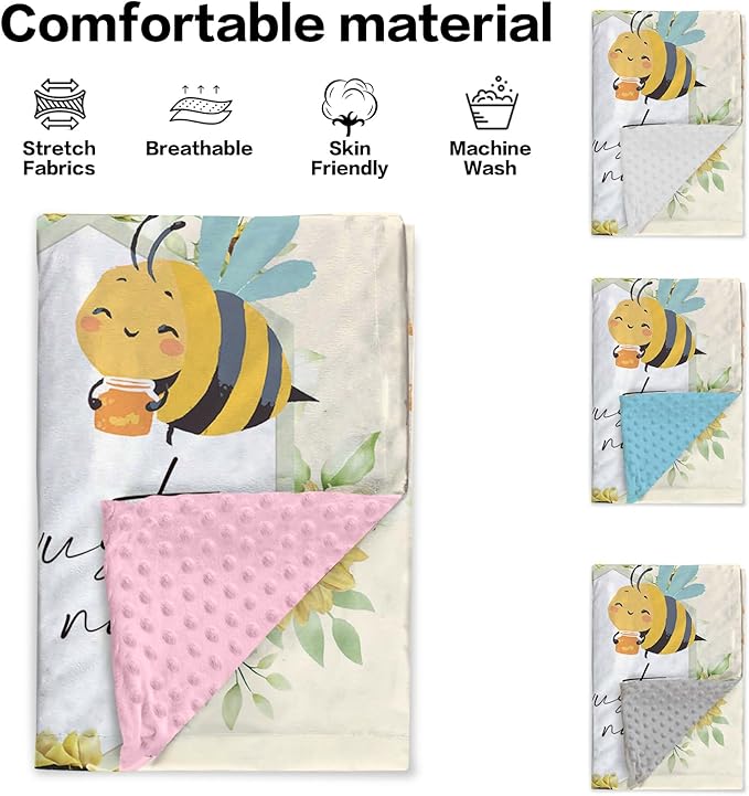 Personalized Newborn Blanket – Soft Flannel Receiving Swaddle with Double-Layer Dotted Backing – Bee and Yellow Flower Design