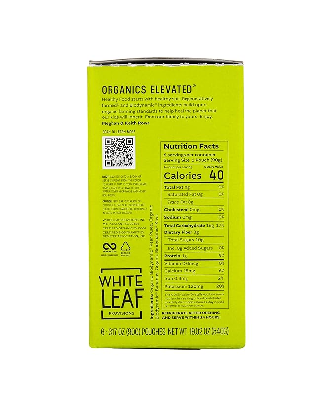 White Leaf Provisions Organic Purees / Baby Food Pouches - Fruits, Veggies & Grains, Toddler snack, Regeneratively Farmed, No Added Sugar, Non-GMO, BPA-Free Pouches 3.17 oz (Pack of 24, Pear + Banana + Kiwi)