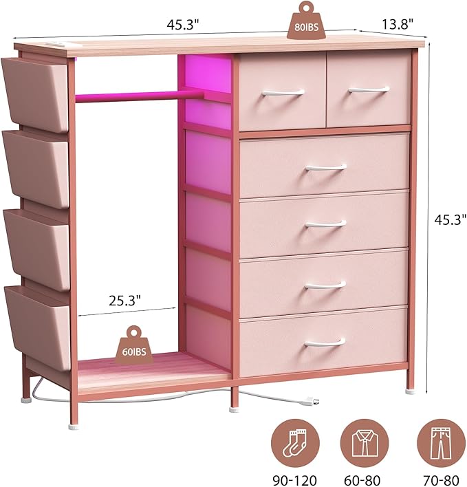 6 Drawer Dresser for Bedroom with Clothes Rack, Clothes Dresser with Side Pockets and Hooks, Charging Station & LED Lights, Wooden Top, Fabric Storage (Pink)
