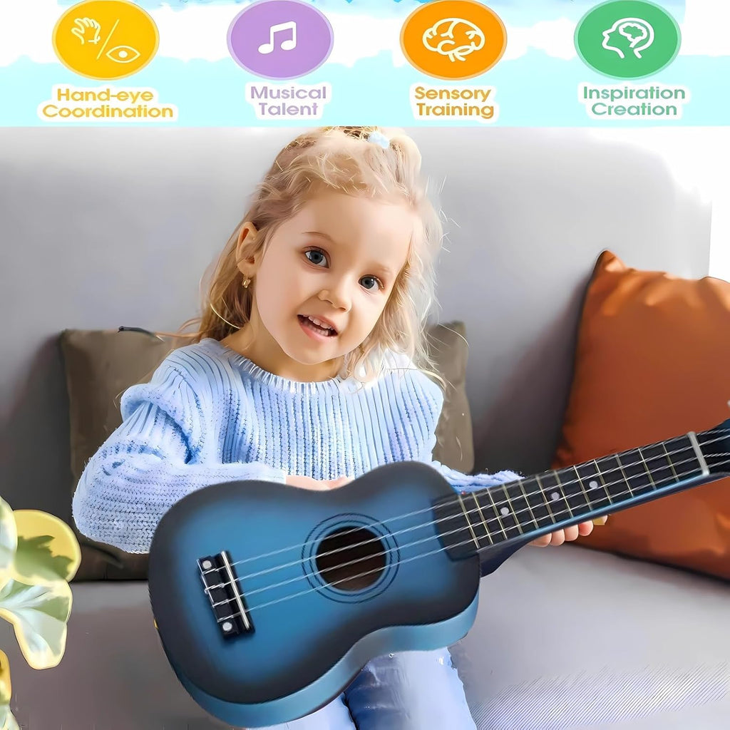 Kids Child Children Wooden Acoustic Guitar Ukulele 21 Inch 4 String Musical Instruments Perfect For Beginner (Blue)