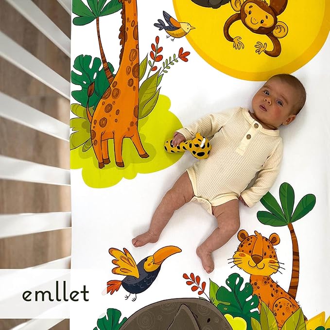 100% Cotton Crib Sheet – “Safari Friends” Jungle Animals Theme, Cute Breathable Bedding for Babies, Fits Standard Crib 52x28 Inches