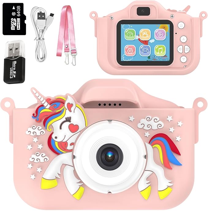 Kids Camera Toys,48MP Dual Lens with 64G SD Card and Cartoon Soft Cover for 3-8 Year Old Girls Boys (PinkDJS)