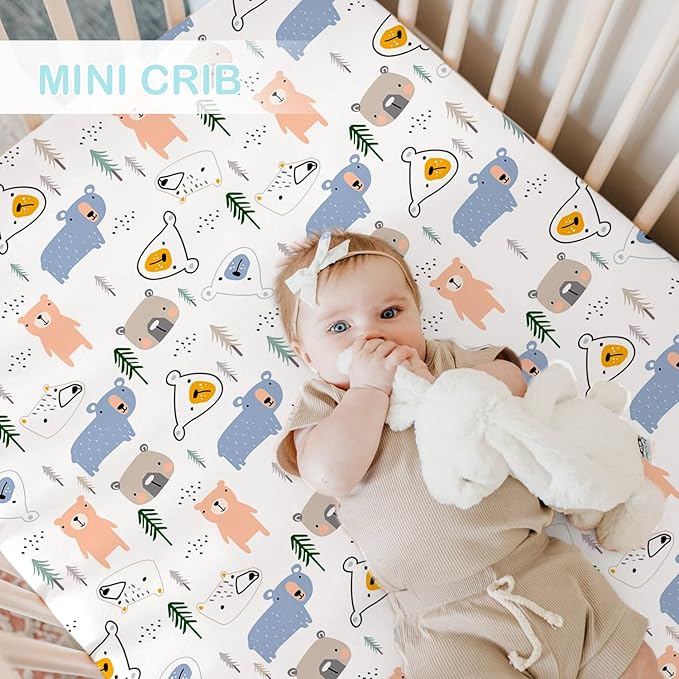 bimocosy Mini Crib Sheets,Pack and Play Sheets for Baby Boy Girl 4 Pack,Size 38"x 26" for Playard Mattress,Portable Mini Crib,Soft Pack N Play Sheets Fitted,Leaf/Bear/Gray/Green