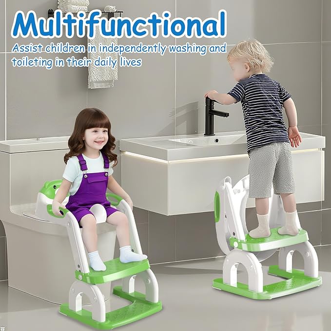 Potty Training Seat with Step Stool for Toddlers - Upgrade 2-in-1 Toilet Seat Toilet Ladder for Kids Children Boys Girls, Anti-Slip Pad & Adjustable Height with Waterproof - Green