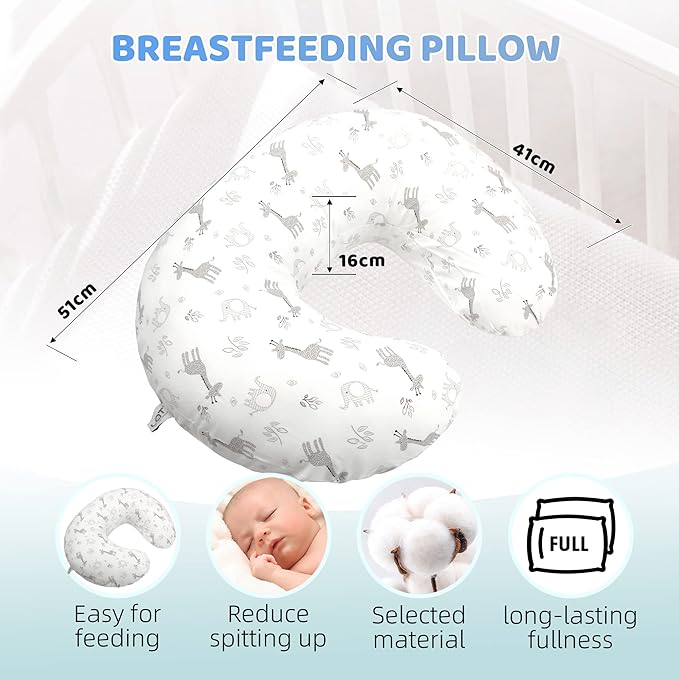 LAT Nursing Pillow for Breastfeeding,100% Cotton Removable Cover,Ergonomic Breast Feeding Pillows for Mom and Baby,Machine Washable(Giraffe & Elephant)