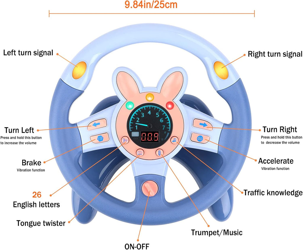 deAO Kids Steering Wheel for Backseat with Key Baby Toys Pretend Driving Simulated Steering Wheel Toy with Light and Music Gifts for Kids Toddlers Blue