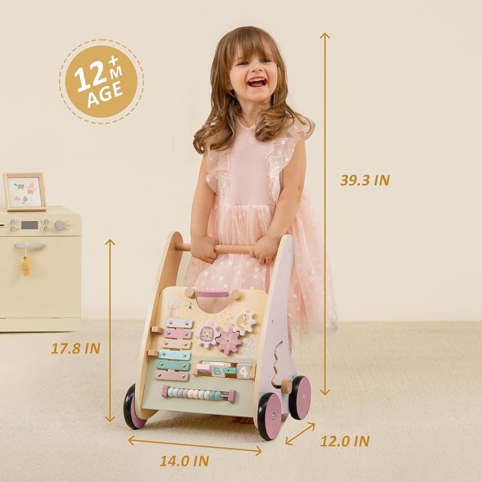 Pink Wooden Push Pull Sit to Stand Walker - Adjustable Learning Activity Center - Baby Learning to Walk - Educational Gift for Toddler Boy or Girl