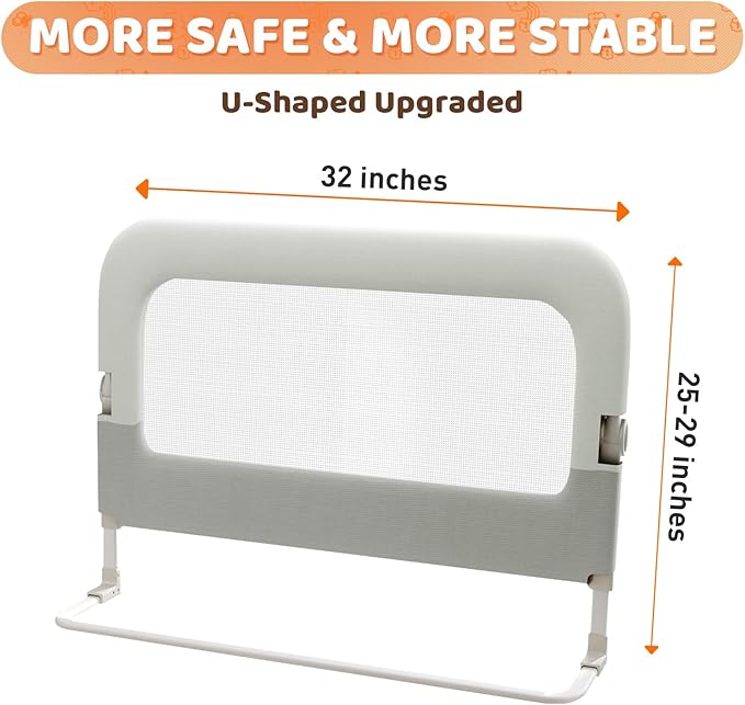 Bed Guard Rail for Toddlers - 32inch Folding up & Adjustable Heights Baby Bed Safety Rails - Portable Toddler Bed Barrier Railing Guard for Kids Twin, Bunk, Queen, Full Size Bed