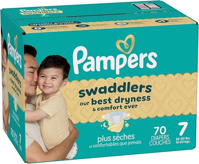 Pampers Swaddlers Diapers, Size 7 (26-50 lbs), 70 Count, Absorbent, Keeps Baby Dry and Comfortable, Skin Safe Disposable Baby Diaper (Packaging May Vary)
