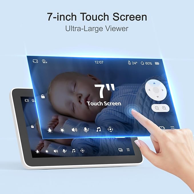 Simsky Split Screen Video Baby Monitor with 2 Cameras, Dual 4MP Cameras with 6X Zoom, 7" UHD Touch Screen Portable Audio Baby Monitor, App Remote Access, 5200mAh Battery, 32GB Local Storage