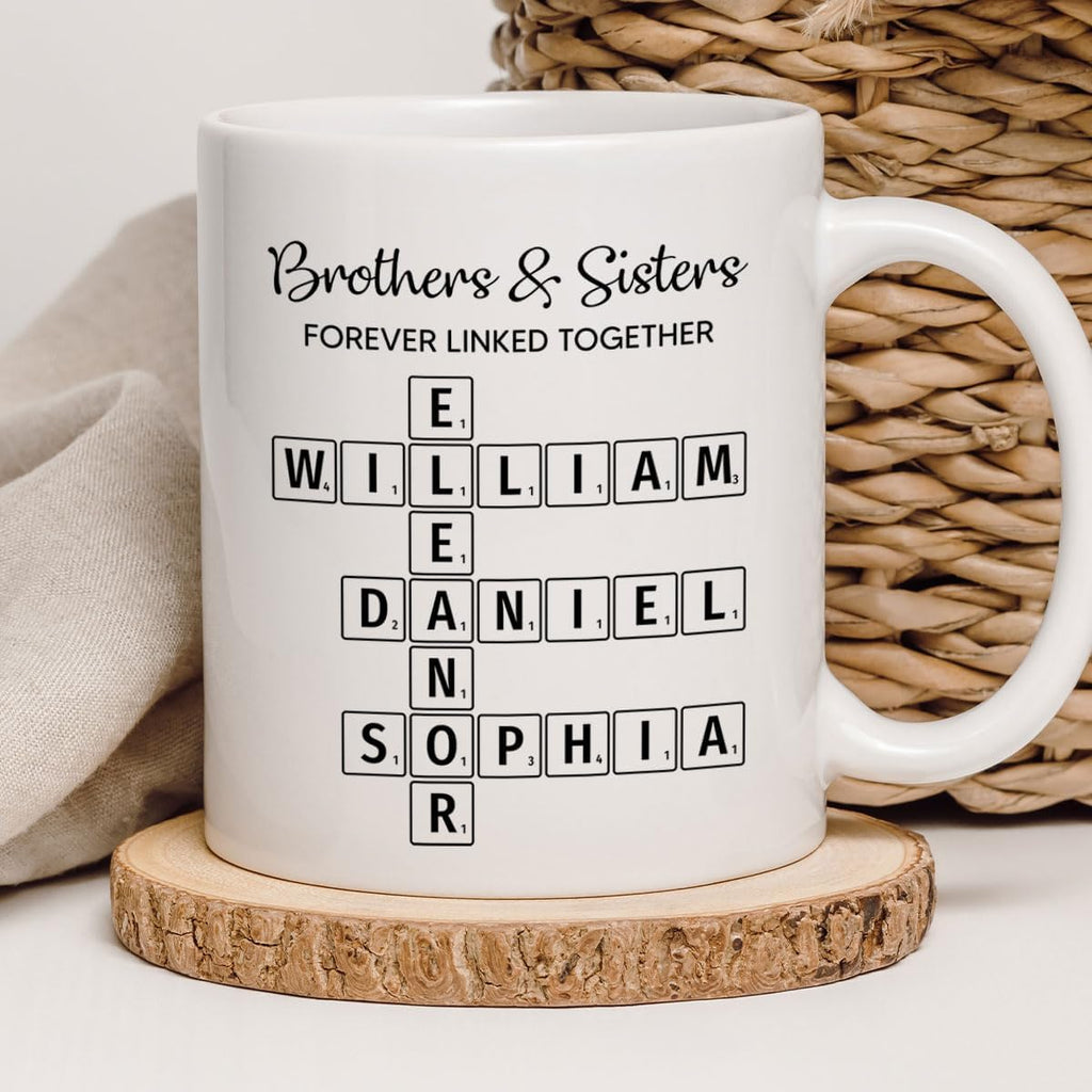 Trending Custom Brothers & Sisters Forever Linked Together Personalized White Mug Brothers Sisters Crossword Puzzle Art Mug, Gift For Brothers, Sisters, Siblings, Family Member on Birthday Christmas