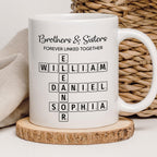 Trending Custom Brothers & Sisters Forever Linked Together Personalized White Mug Brothers Sisters Crossword Puzzle Art Mug, Gift For Brothers, Sisters, Siblings, Family Member on Birthday Christmas