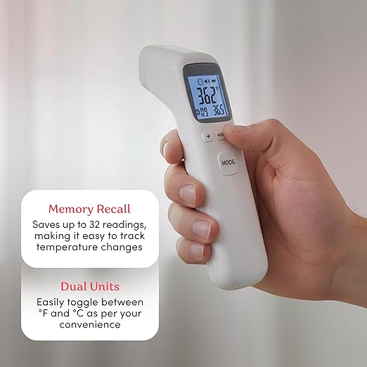 Forehead Infrared Thermometer, 1-Second Reading, Fever Alarm, No-Touch Measurement, 32-Set Memory Recall, 3 Color-Coded Indicators, Thermometer for Adults, Kids & Infants, °F/°C