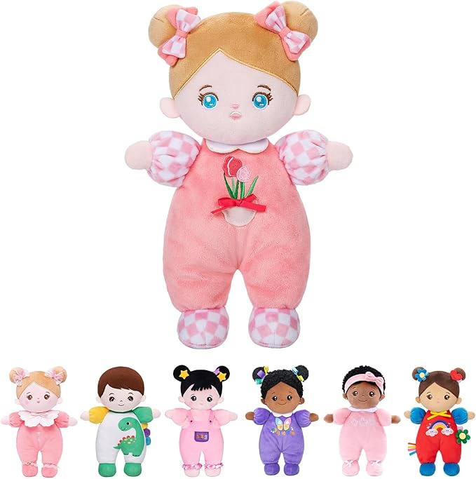 OUOZZZ Soft Baby Doll for 1+ Year Old Girl Gifts - Toys for 1+ Year Old Birthday Christmas Plush Gift for Toddler Adorable First Doll Tulip Pink 10"