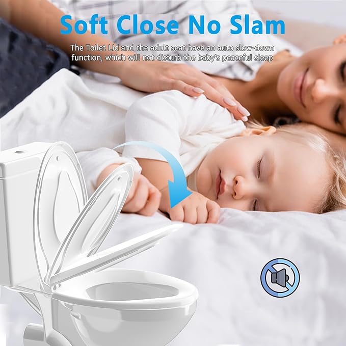 Family Toilet Seat Elongated, Built-in Toddler Potty Training Seat, Baby Toilet lid 2 in 1 Soft Close Quiet with Magnet, Easy Clean PP Material Safe and No Loosen (White Elongated 18.5 Inch)