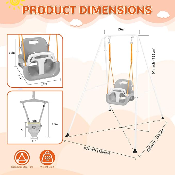 4-in-1 Swing Set & Baby Jumper and Bouncer for Toddler, Heavy Duty Baby Swing Set with Foldable Metal Stand for Indoor & Outdoor Play, Adjustable Swingset for Toddler (White)