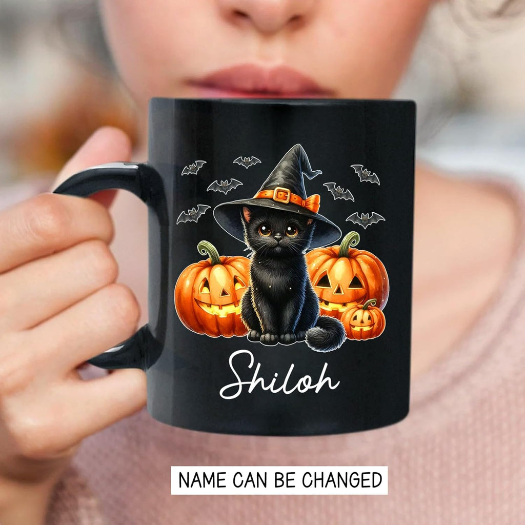 Personalized Black Cat Witch Ceramic Cups Gift for Halloween, Custom Name Black Cat with Pumpkins Coffee Mugs, Spooky Witch Pumpkins Cup, Pet Halloween Mug 11oz 15oz, Pet Enthusiasts Gifts