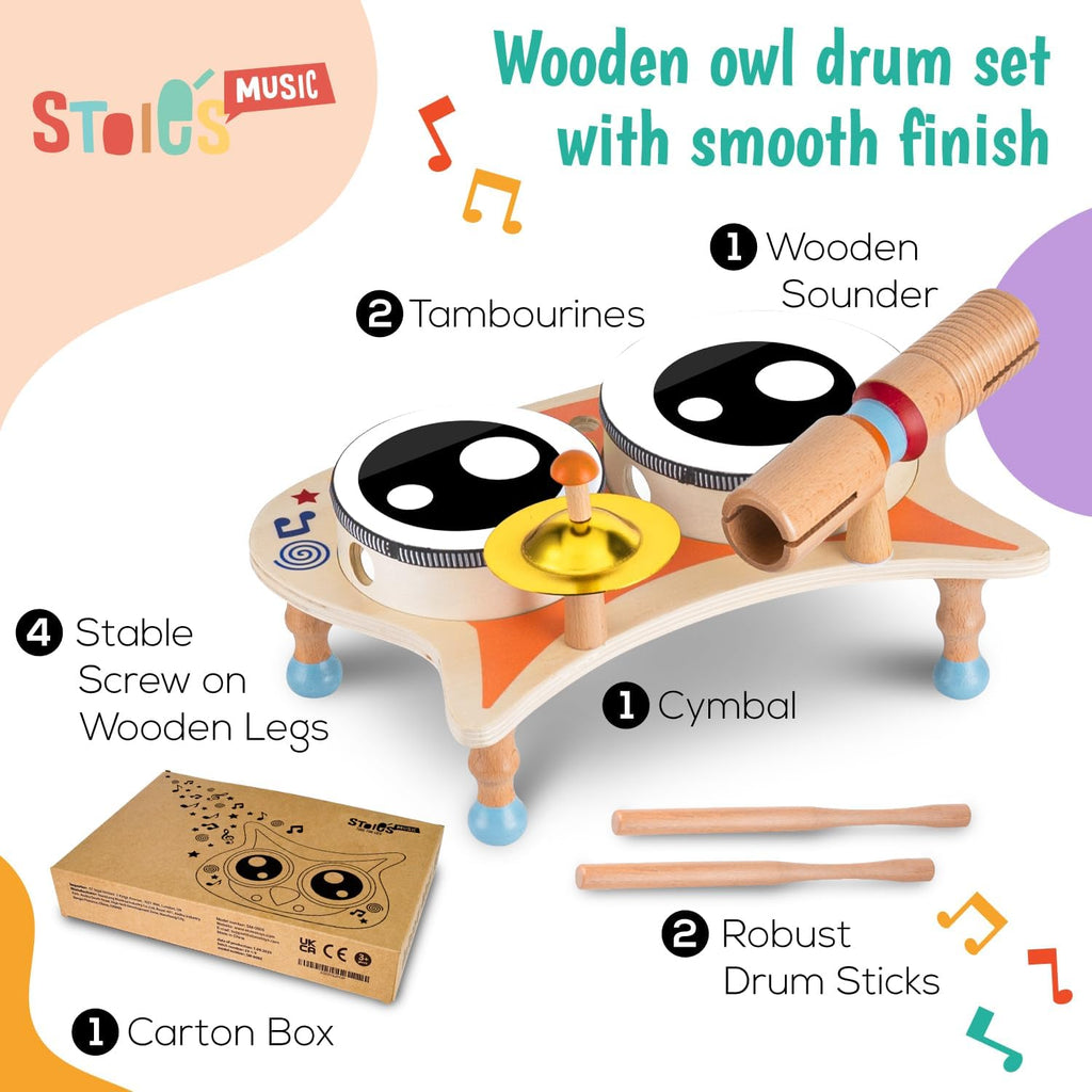 Stoie's Owl Drum Set for Babies and Toddlers 3-5 Years Old- Wooden Percussion Musical Instruments for Kids with Cymbals, Tambourines, Drumsticks, Durable, Safe to Play, Clear Sound, Easy-to asseble