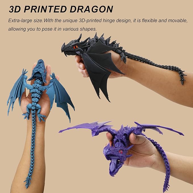 3D Printed Dragon with Wings, Fidget Dragon Toys, 3D Printed Animals, Flexible Articulated Winged Crystal Dragon Model,Home Office Decor Desktop Pet(Gradation Purple)