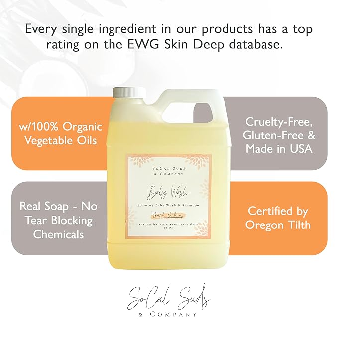 SoCal Suds & Company - 2-in-1 Organic Foaming Baby Shampoo & Body Wash Refill- Natural Botanical Castile Soap Baby Wash Sensitive Skin, Newborn Nourishing Soothing Ingredients - Soft Citrus, 32oz