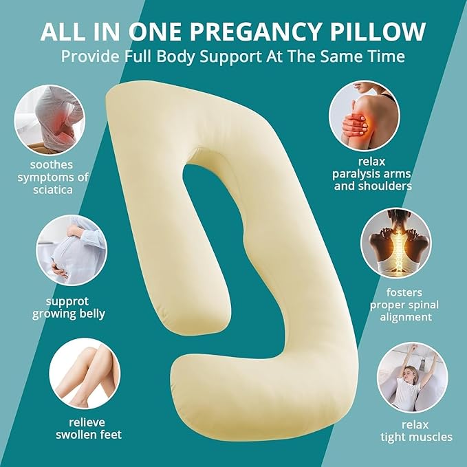 Sasttie Pregnancy Pillows for Sleeping, Jumbo U Shaped Cooling Full Body Pillow with Removable Cover, Pregnant Women Must Haves, Maternity Essential, Light Yellow