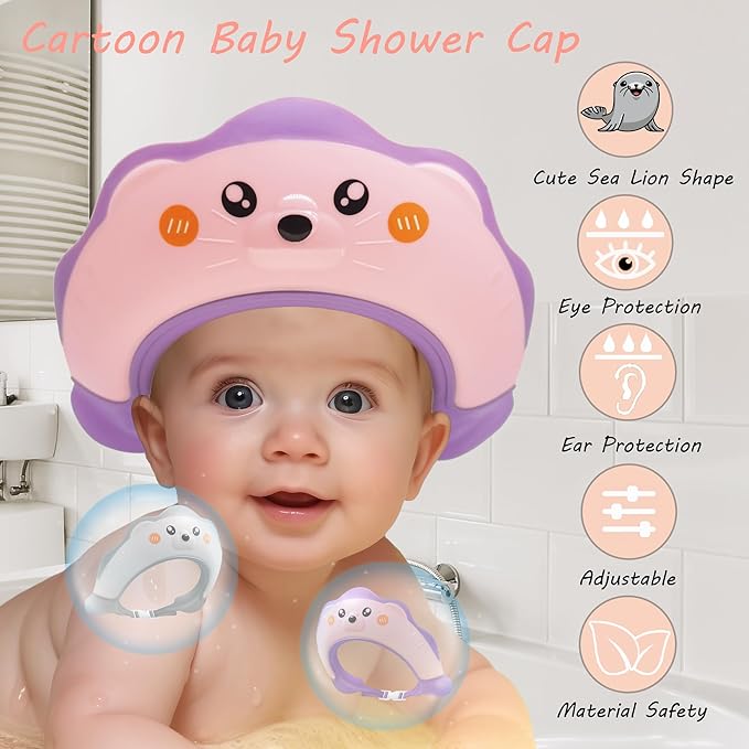 Cute Sea Lion Shower Shield Visor - Eye & Ear Protection for 0-9 Yrs, Pink