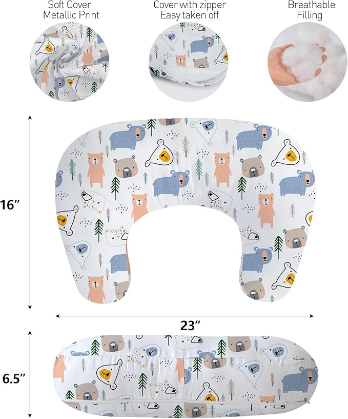 Little Grape Land Nursing Pillow,Upgraded Breast Feeding Pillow for Mom,Breastfeeding & Bottle Feeding for 0–18 Months, Soft Machine Washable Cover with Firm Breathable Filling, Tummy Time,Bear