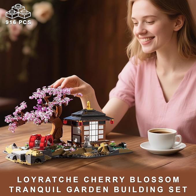 Japanese Garden Building Set, Cherry Blossom Bonsai Tree House Building Block for Adults Japanese Tranquil Garden for Home and Office Decoration Set (916 PCS)