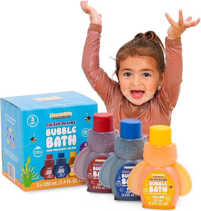 Honeysticks Kids Bubble Bath 3 Pk (Blue, Red, Yellow): Non-Toxic, Plant Based, Non Irritating - Changes Water Color and Creates Super Foaming Bath Bubbles - Safe for Toddlers 1-3, Kids 4-8, Bath Toys