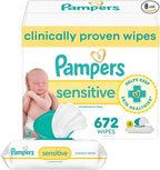 Pampers Baby Wipes, Sensitive, Water Based Wipe, Clinically Proven, Hypoallergenic, and Unscented for Babies, 672 Wipes Total (8 Flip-Top Packs) [Packaging May Vary]