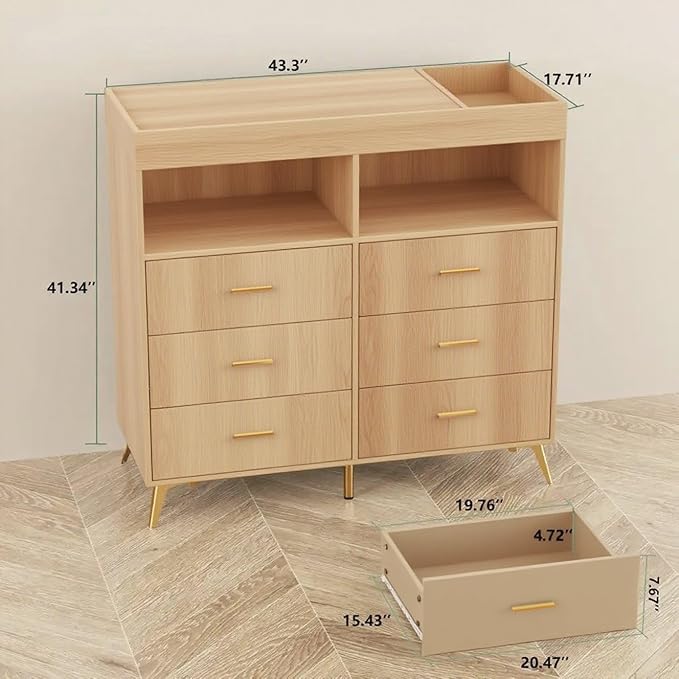 Dresser for Bedroom with 6 Drawers, Multi-Functional Nursery Dresser with LED Lights & Charging Station,Baby Changing Table Table with Diaper Changing Station