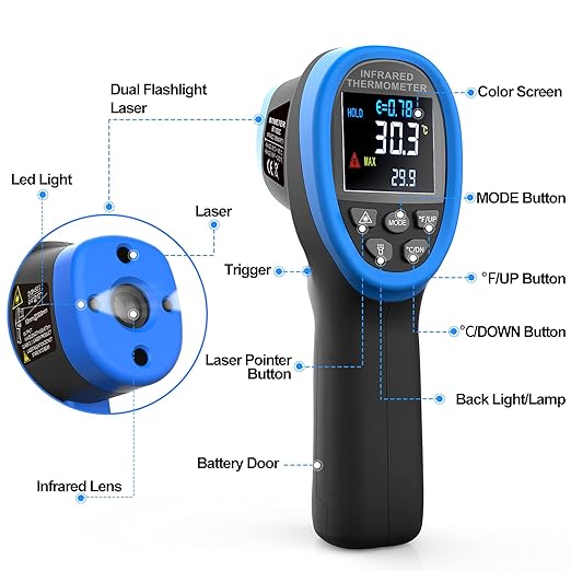 BTMETER BT-1800C Pyrometer -58°F ~3272°F (-50~1800℃) IR Temp Gun, D:S 50:1 High Temperature Infrared Thermometer for Industrial HVAC Forge Furnace Metal Smelting (NOT for Human Temp)