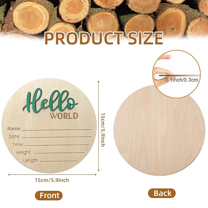 Baby Announcement Sign, 5.9 Inch Wooden Hello World Newborn Sign, Birth Announcement, Baby Shower Hospital Nursery for Newborn Boys and Girls (Green)