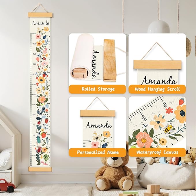 Personalized Name Growth Chart for Kids, Flower Canvas Height Chart Ruler Removable Hanging Wall Ruler Measurement Chart for Home Decoration, Waterproof Measuring Board, Foldable